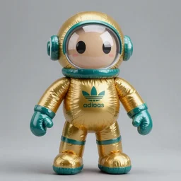accurate detailed pvc inflated gold & teal colored puffy action figure space warrior, full body, futuristic, concept art, character only, detailed art, adidas streetwear, figurine!!!, studio lighting, grey background, no shadow, trending on artstation, 4 k, sharp, highly - detailed, focus on face!!!