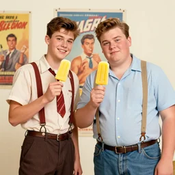 two male teens and one fat male teen all wearing 1 9 5 0 s attire holding yellow popsicles vintage movie poster 8 k