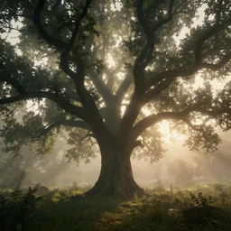 a hazy forest with huge oak trees at sunrise in the style of Firewatch, low angle