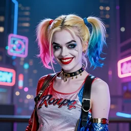 harley quinn film still, standing pose, head and shoulder shot, smiling, cyberpunk setting, beautiful cityscape background, neon signs, vibrant colors, holograms, 4k, digital art