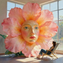 closeup, giant flower face, woman sitting on lounge chair by a large window, sunrays, surreal photography, studio light, impressionist painting, digital painting, artstation, simon stalenhag