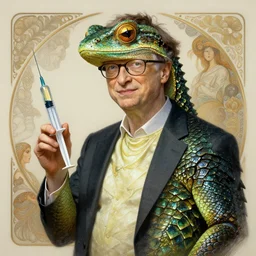bill gates with reptile skin!!!, holding a syringe, portrait, intricate, elegant, highly detailed, digital painting, artstation, concept art, wallpaper, smooth, sharp focus, illustration, art by h. r. giger and artgerm and greg rutkowski and alphonse mucha