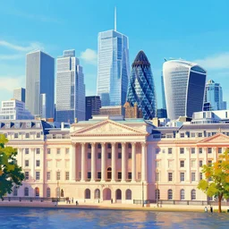 city of london, bright colors, in the style of hiroshi nagai, very detailed