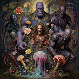 the platonic ideal of flowers and slime mold of cletus kasady ultimate carnage thanos dementor doctor manhattan chtulu nazgul, detailed, intricate, hyperrealism, intense, scary, decay, dmt, art by brock hofer and artgerm and greg rutkowski and alphonse mucha