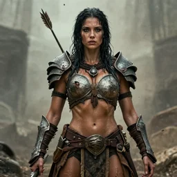 wet  ancient princess tribeswoman in  battlerage,  destroyed armor inspired by monster hunter, low shot camera, muscular, symmetrical face, clean face, subtle make up, debris and arrows flies around her, frozen time effect,dramatic lighting, cinematic, establishing shot, extremely high detail, photorealistic, 300 the movie,monster hunter the movie, dune the movie, cinematic lighting, artstation, octane render, western,old photo, vintage