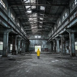 super epic realistic photo of liminal abandoned ondustrial space trending on instagram with ( lonely person in yellow raincoat ) standing at a distance