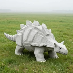 a stegosaur reproduction, made of concrete, in a grass field, brutalist style, dslr, soft lighting