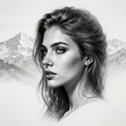 tattoo design sketch of an extremely beautiful woman face next to a faded background of beautiful mountains on her side, hyper - realistic, double exposure effect, in the style of matteo pasqualin, amazing detail, black and white, faded