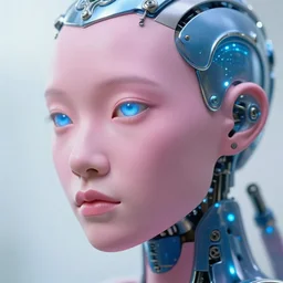 natural light, soft focus extreme close up portrait of an android with soft synthetic pink skin, blue bioluminescent plastics, smooth shiny metal, elaborate ornate head piece, piercings, skin textures, by annie leibovitz, paul lehr