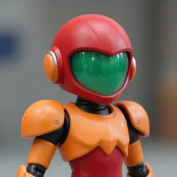 helmet portrait of a figurine of samus aran's varia suit from the sci - fi nintendo videogame metroid. red round helmet, orange shoulder pads, green visor. shallow depth of field. suit of armor.