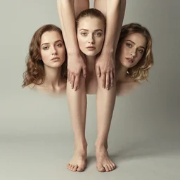 a women with 1 legs and 3 head