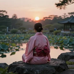 ant view of a zen master in a beautiful pink and red kimono quietly sitting in a rock garden overlooking a pond of lilly pads during a sublime sunrise, one sun, his dark silhouette completely obscured by bokeh, colorful masterpiece photography,
