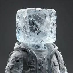 human made of ice with cubic head, wearing a jacket. digital art, monotone background