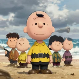 beautiful portrait of charlie brown storming the beaches of normandy during d - day during world war 2. character design by disney, charlie bowater, ross tran, artgerm, and makoto shinkai, detailed, soft lighting, rendered in octane