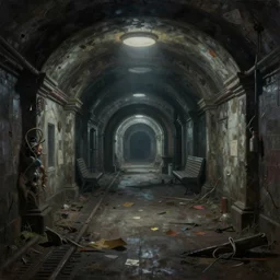 a Painting of a secret abandoned subway station, in the style of HR. Giger, dark, surreal, creepy