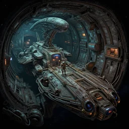 inside the long hull of an alien cargo spaceship, from a space themed point and click 2 d graphic adventure game, set design inspired by hg giger and tomb raider, art inspired by thomas kinkade