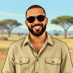 afrikaans man smiling with beard wearing sunglasses and khaki shirt, portrait illustration by martine johanna, gta v style, bushveld background
