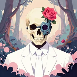 a skull wearing a cyberpunk plague mask, rose, otherwordly forest, white tie, pixiv fanbox, dramatic lighting, maximalist pastel color palette, splatter paint, pixar and disney exploded - view drawing, graphic novel by fiona staples and dustin nguyen, peter elson, clean cel shaded vector art, trending on artstation