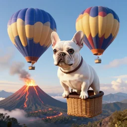 a white fawn French bulldog, in a hot air balloon over an active volcano, photorealistic illustration , digital art