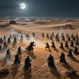 two armies of liches fighting in a desert plateau, view from above, full moon, brightly lit, fantasy art