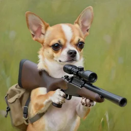 oil painting of a chihuahua holding a sniper