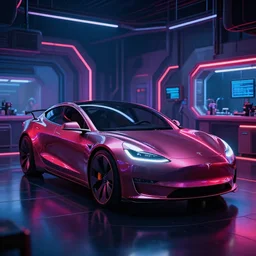 a photo of a futuristic science fiction tesla car on a reflective black floor in a neon laboratory, hyper detailed, smooth, high contrast, volumetric lighting, octane, jim lee, craig mullins, vibrant rich deep color