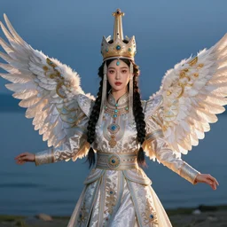 beautiful asian mongolian princess goddess spreading its wings, princess wearing a beautiful ornate crown, in the background lake baikal is seen, atmospheric lighting, intricate, volumetric lighting, beautiful, sharp focus, ultra detailed, in the art style of bagshaw tom