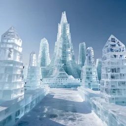 a cityscape made entirely of ice, crystal clear ice city sculpture, first person pov, realistic fantasy photography, mystical