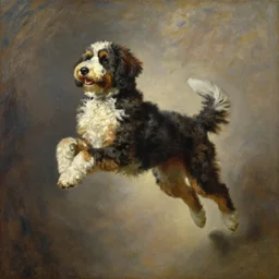 beautiful oil painting portrait of ancient bernedoodle dog hovering in the air levitating and ascending in stations of the cross pose, art by anders zorn, wonderful masterpiece by greg rutkowski, expressive brush strokes, beautiful cinematic light, american romanticism by greg manchess, jessica rossier