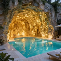 luxury pool with gold grotto by rutkovski and beksinski, masterpiece, gorgeous, 4 k
