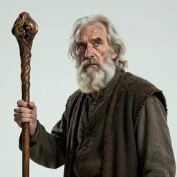 cinematic artwork of a haggard old man with a beard holding a staff looking into the camera while warriors fight in a battle around him by greg rutowski, 4 k, masterpiece, sun rays