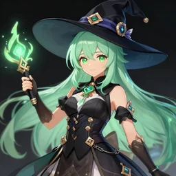 character sheet for a beautiful and cute girl for genshin impact by greg rutkowski, black to light green fade hair, genshin impact style, sorcerer magic witch, digital art, trending on artstation, hd, 8 k, highly detailed, good lighting, beautiful, masterpiece