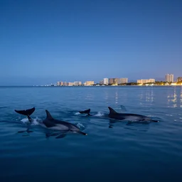 pod of dolphins with tails swimming in a calm tropical ocean with a distant coastal city skyline visible in the background at night with a clear star filled sky
