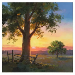 dramatic sunset backlight ash tree, broken fence, apple tree, ciny panorama far away, gouache matte painting by pixar studio makoto shinkai w 1 9 9 9