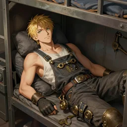 portrait of a mechanic lying within a cramped and dimly lit bunk, blonde, tank top, overalls, steampunk, highly detailed, cel shading, digital painting, anime key visual, by ilya kuvshinov