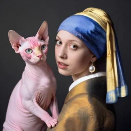 girl with a pearl earring but as a pink sphinx cat
