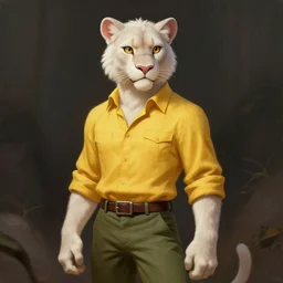 fursona commission of a anthro albino mountain lion wearing a yellow button-down shirt and olive green slacks. pretty, beautiful, DnD character art portrait, matte fantasy painting, DeviantArt Artstation, by Jason Felix by Steve Argyle by Tyler Jacobson by Peter Mohrbacher, cinematic lighting