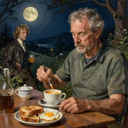 breakfast with a survival expert, extreme fine detail background, night, highly detailed, high quality, digital painting, hyperrealistic, by gaston bussiere, j. c. leyendecker, craig mullins