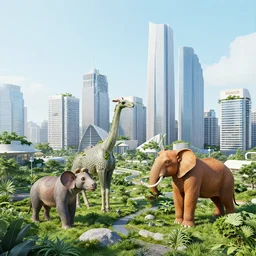 modern city full of megafauna, overgrown, detailed digital art