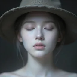 small nose!!!! out of focus photorealistic portrait of a beautiful pale young woman by sarah moon, very blurry, translucent white skin, closed eyes, foggy, closeup, with a weird hat