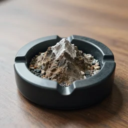 a tiny mountain inside an ashtray, artistic photography