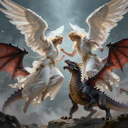 the angel is battling the dragon, trending on artstation, award winning, highly detailed, epic, dramatic lighting