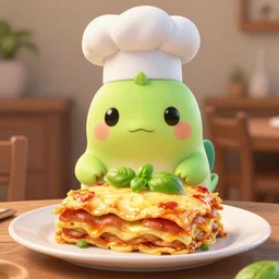 cute platypus wearing a chef hat and holding a lasagna into an over, with three basil leaves over the lasagna, pixar style, ultradetailed, 3 d, ratatouille style