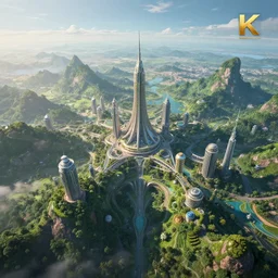 a view of an alien planet! gorgeous! viewed from one thousand feet in the air! a beautiful and technologically advanced city integrates perfectly into nature! lush! otherworldly beauty and grace!, 8 k, cgimovie, trending on artstation