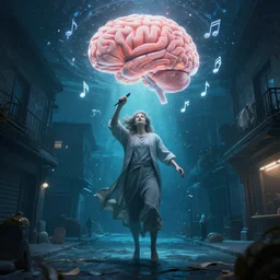 god singing into a brain underwater street view, music notes, brain in ceiling, unreal engine
