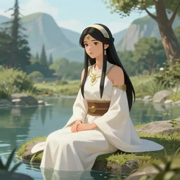 inka harpy girl, priestess clothes, sitting at a pond, mountainous area, trees in the background, digital art