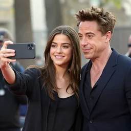 miranda cosgrove as carly shay takes a picture with robert downey jr., photorealism