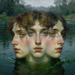 hyperrealist portrait in a river, close up half body face symmetrical, dark green water, wet algae, by alphonse mucha and lucian freud and bouguereau, foggy twilight lighting, very detailed faces