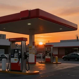 vina del mar gas station background by simon stalenhag, orange sunset, sharp focus, digital art, 4 k, octane, high contrast