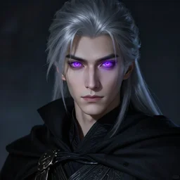 portrait of a young man with illuminated purple eyes, silver hair, silver hair, wearing a black cloak, fantasy, highly detailed, cinematic lighting, digital art painting by greg rutkowski